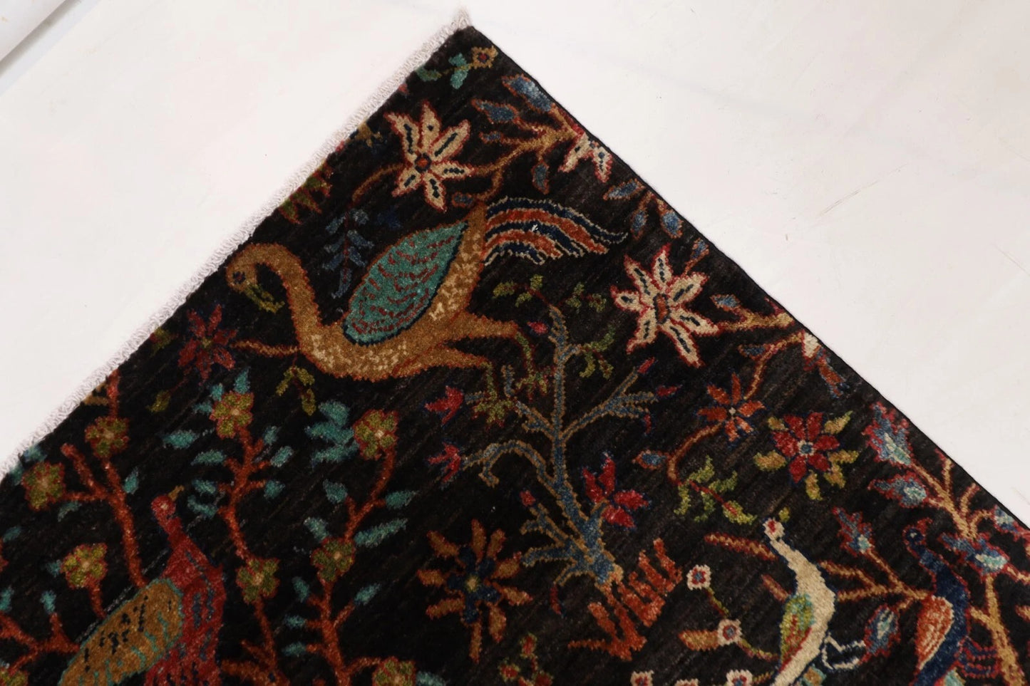 306 x 421 cm | Birds Black Afghan Hand Knotted Carpet