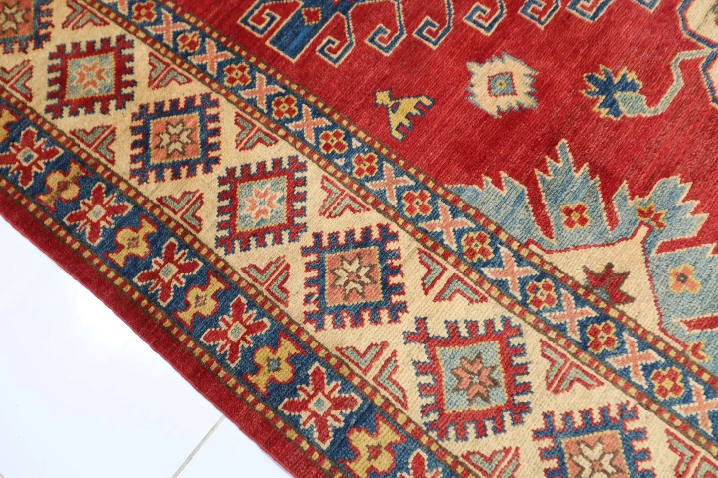 175 x 231 cm | Kazak Afghan Tribal Hand Knotted Veg Dye Wool Carpet