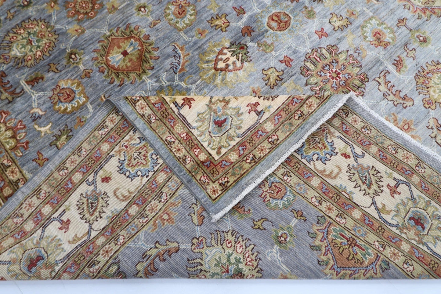 276 x 360 cm | Blueish Grey Afghan Tribal Hand Knotted Carpet