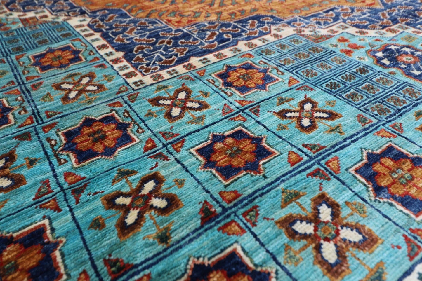 363 x 449 cm | Mamluk Turquoise Afghan Tribal Hand Knotted Carpet