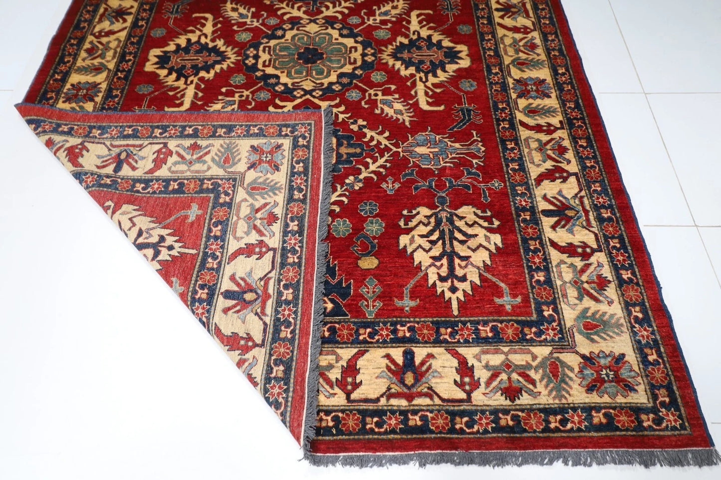 221 x 293 cm | Kazak Afghan Tribal Hand Knotted Carpet