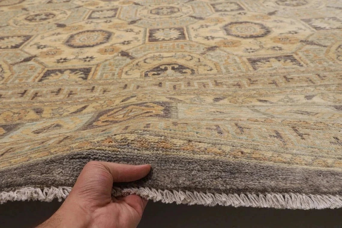 378 x 477 cm | Beige Afghan Handmade Large Size Area Rug Hand Knotted Carpet Living Room Rug