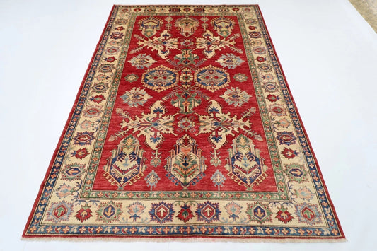 183 x 248 cm | Kazak Afghan Tribal Hand Knotted Veg Dye Wool Carpet