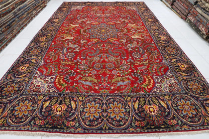 302 x 479 cm | Red Geometric Large Size Area Rug Hand Knotted Carpet Blue Color Rug