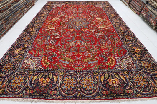 302 x 479 cm | Red Geometric Large Size Area Rug Hand Knotted Carpet Blue Color Rug