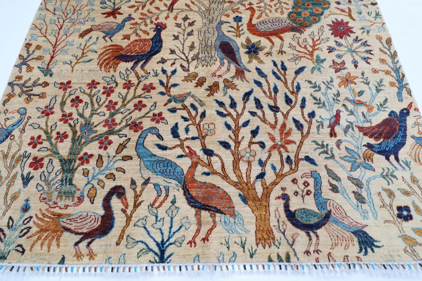 184 x 275 cm |  Birds Beige Afghan Tribal Hand Knotted Veg Dye Wool carpet