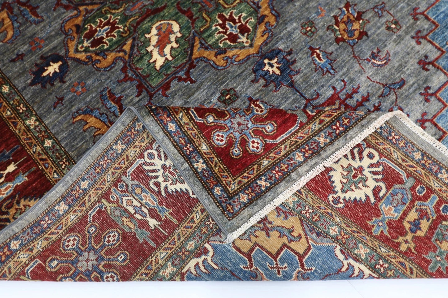 173 x 240 cm | Kazak Afghan Tribal Hand Knotted Veg Dye Wool Carpet Blueish Grey