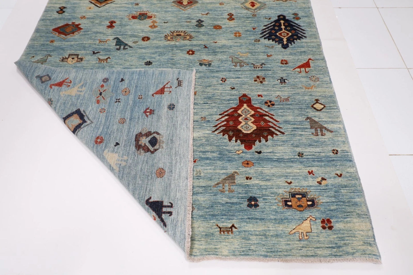 190 x 268 cm | Gabbeh Animal Blue Afghan Tribal Hand Knotted Veg Dye Wool Carpet