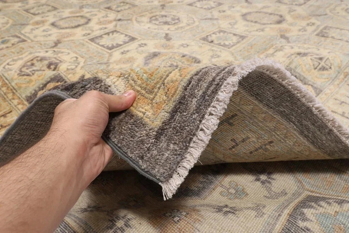 378 x 477 cm | Beige Afghan Handmade Large Size Area Rug Hand Knotted Carpet Living Room Rug