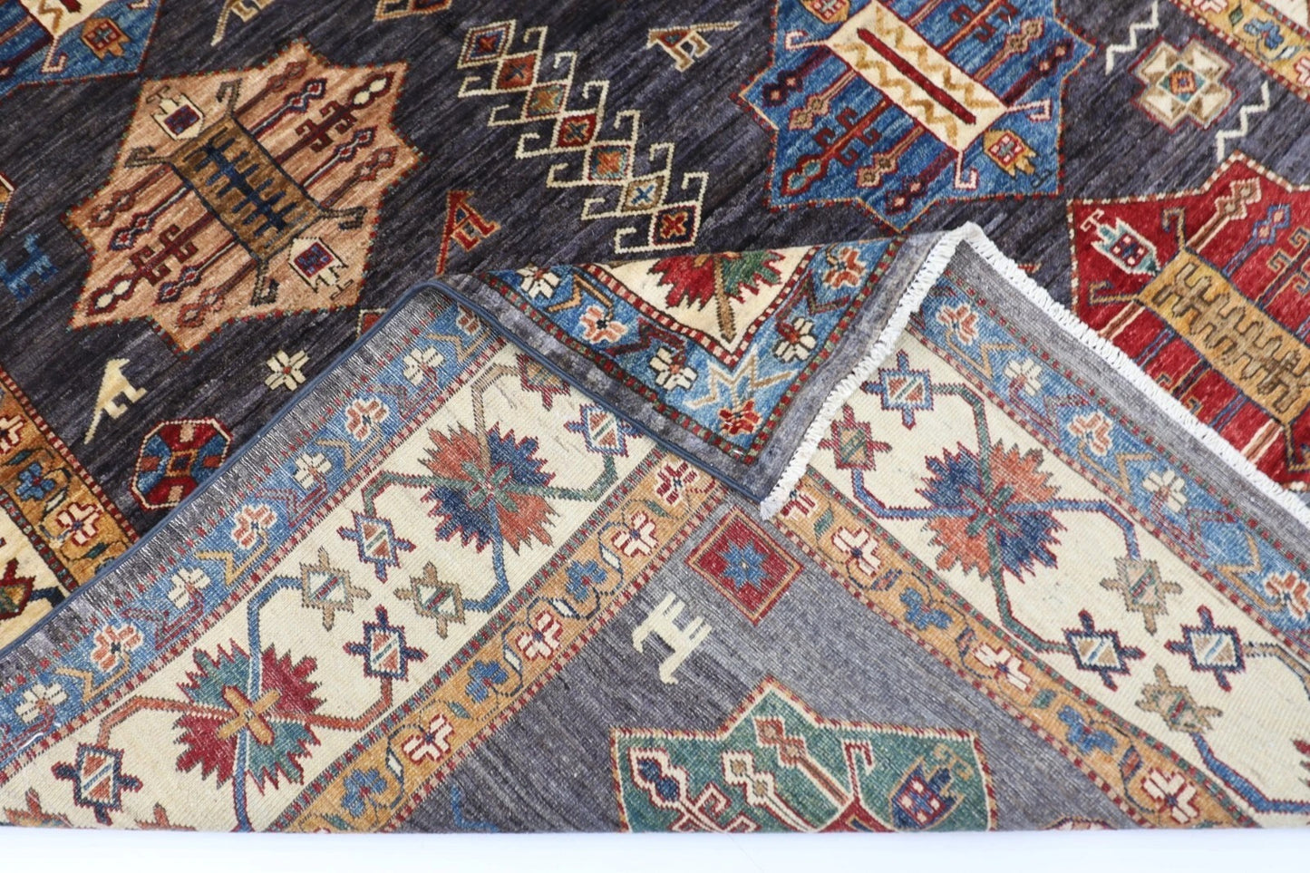 168 x 241 cm | Kazak Afghan Tribal Hand Knotted Veg Dye Wool Carpet
