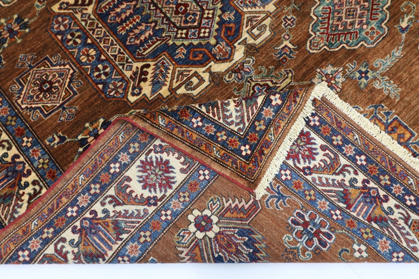 171 x 238 cm | Kazak Afghan Tribal Hand Knotted Veg Dye Wool Carpet caramel