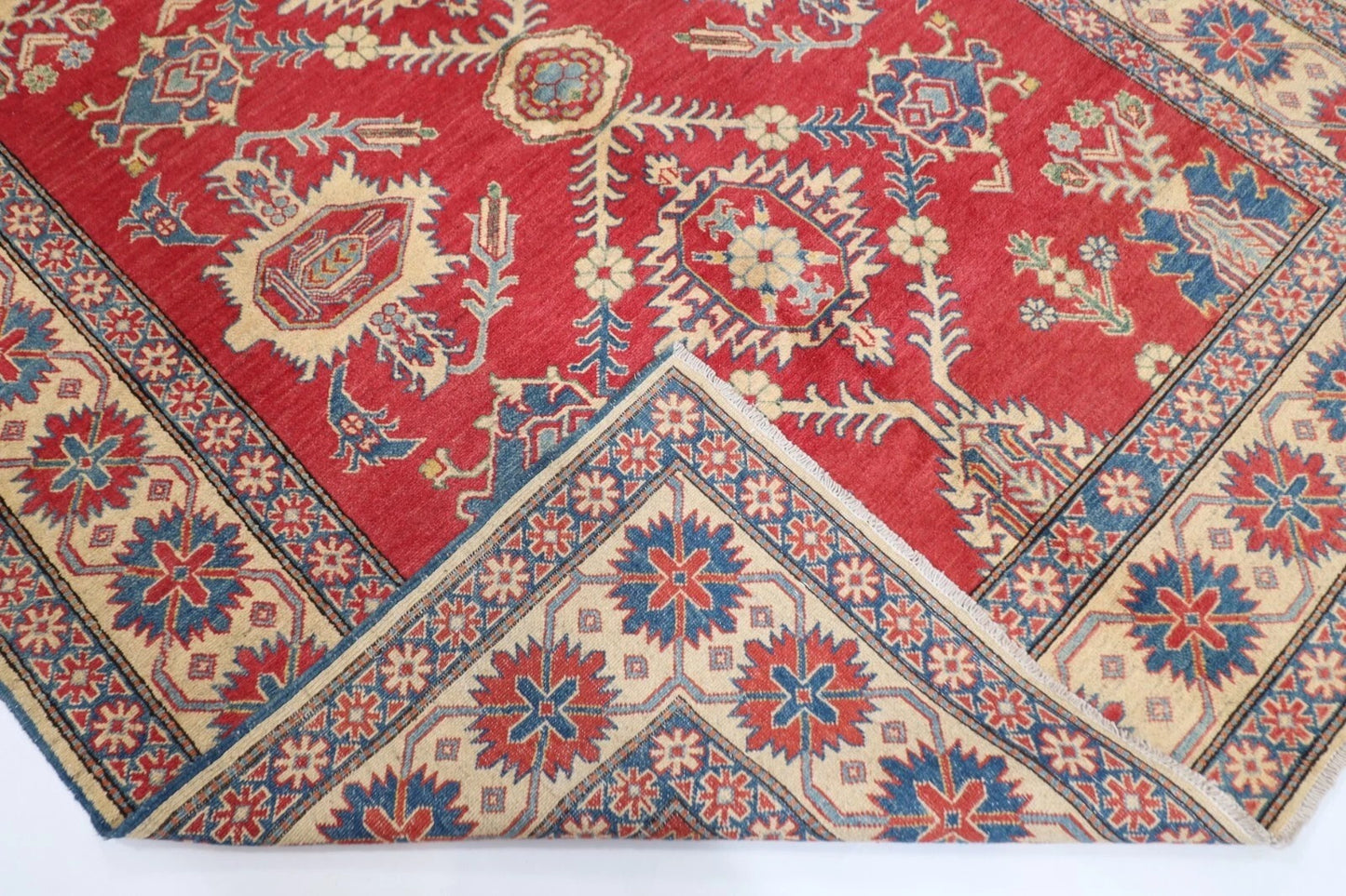 195 x 253 cm | Kazak Afghan Tribal Hand Knotted Veg Dye Wool Carpet