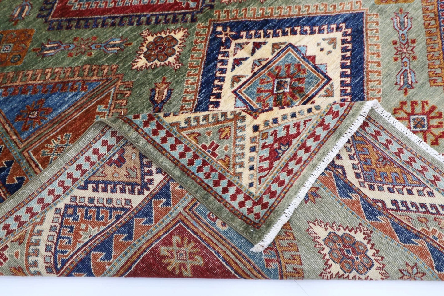 183 x 270 cm |  Kazak Green Afghan Tribal Hand Knotted Veg Dye Wool carpet
