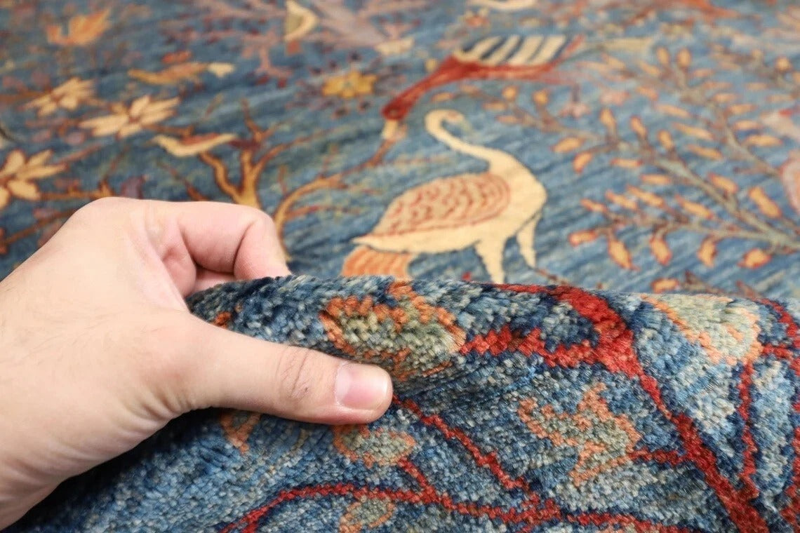 377 x 558 cm | Birds Blue Afghan Tribal Hand Knotted Carpet