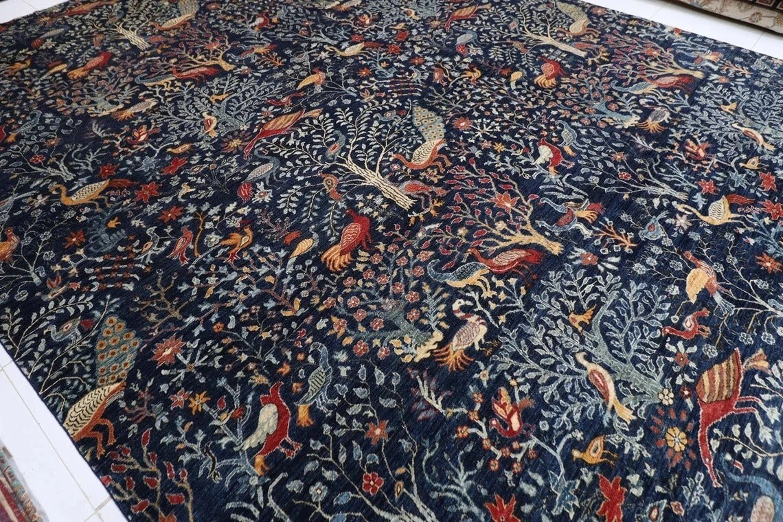 361 x 460 cm | Birds Navy Blue Handmade Large Size Afghan Area Rug Hand Knotted Carpet Living Room Rug
