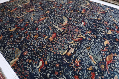 361 x 460 cm | Birds Navy Blue Handmade Large Size Afghan Area Rug Hand Knotted Carpet Living Room Rug