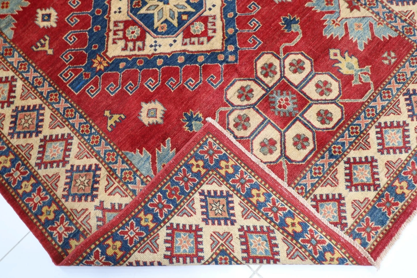 175 x 231 cm | Kazak Afghan Tribal Hand Knotted Veg Dye Wool Carpet
