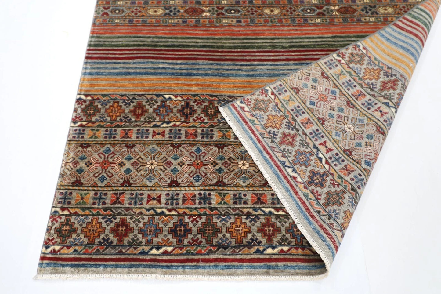 175 x 240 cm | Striped Afghan Tribal Hand Knotted Veg Dye Wool Carpet