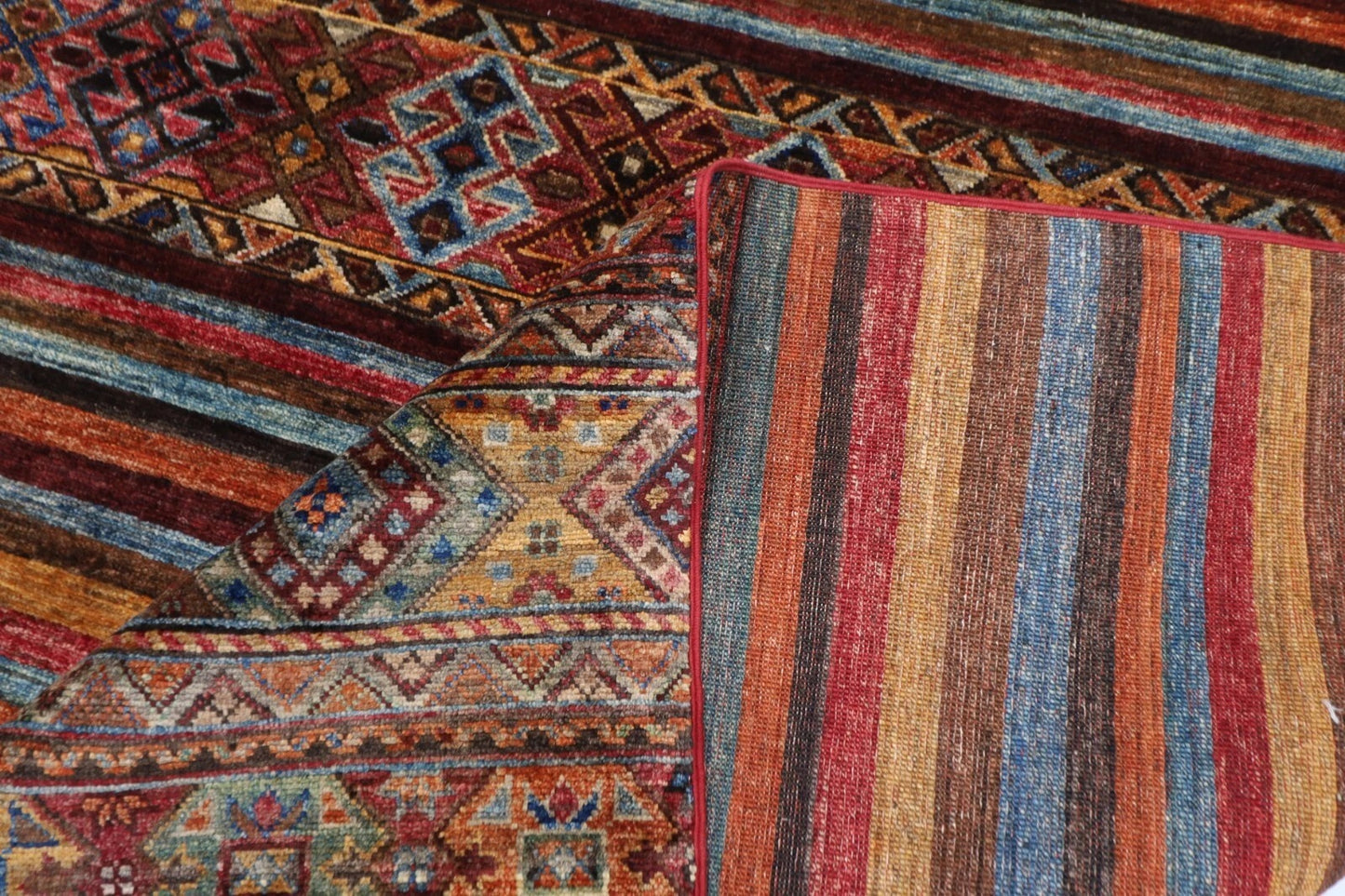 180 x 248 cm | Striped Afghan Tribal Hand Knotted Veg Dye Wool Carpet
