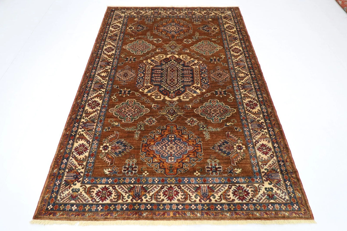 171 x 238 cm | Kazak Afghan Tribal Hand Knotted Veg Dye Wool Carpet caramel