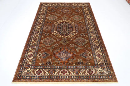 171 x 238 cm | Kazak Afghan Tribal Hand Knotted Veg Dye Wool Carpet caramel