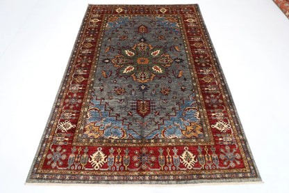 173 x 240 cm | Kazak Afghan Tribal Hand Knotted Veg Dye Wool Carpet Blueish Grey