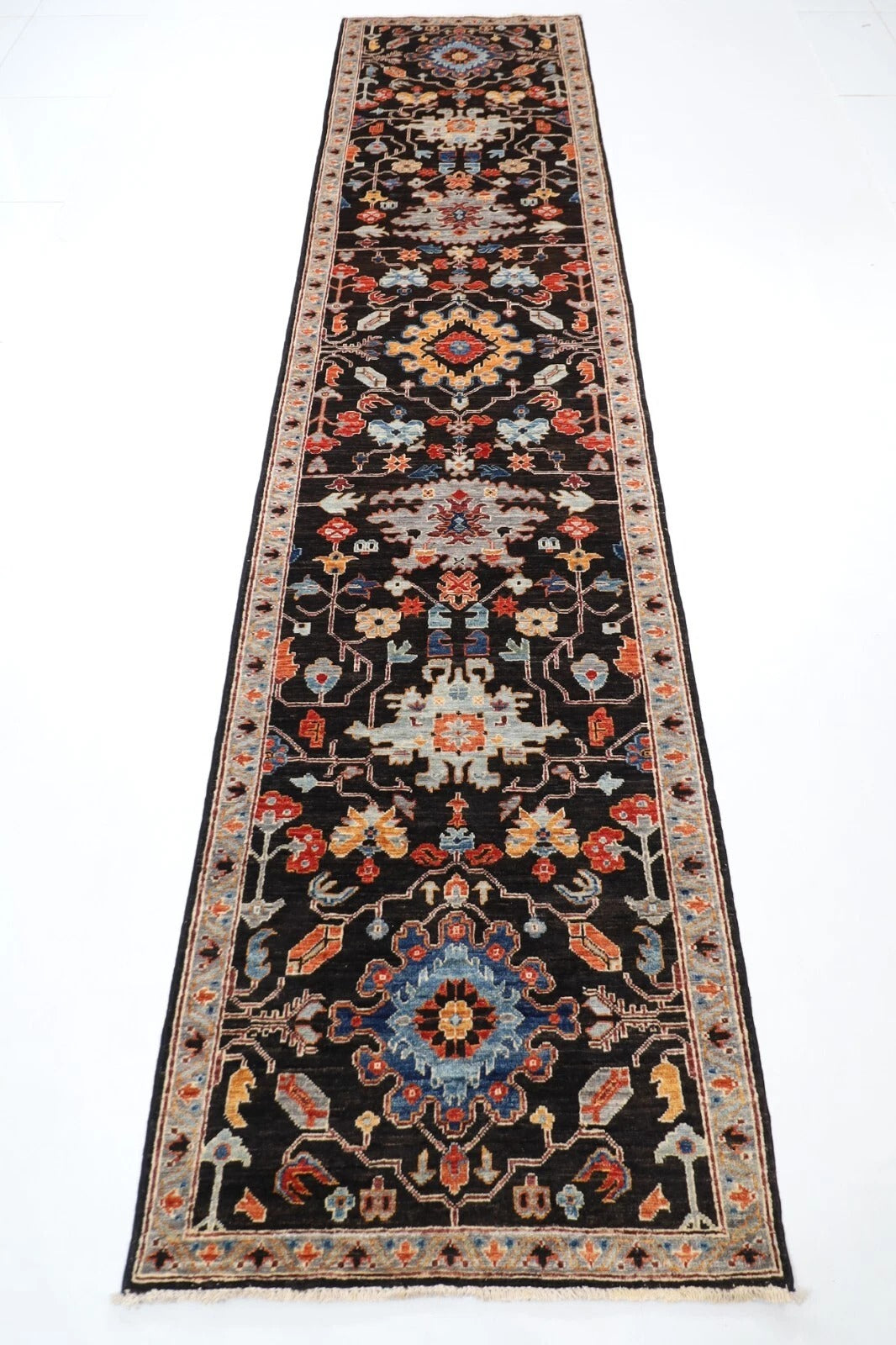 86 x 359 cm | Black Afghan Tribal Hand Knotted Wool Runner