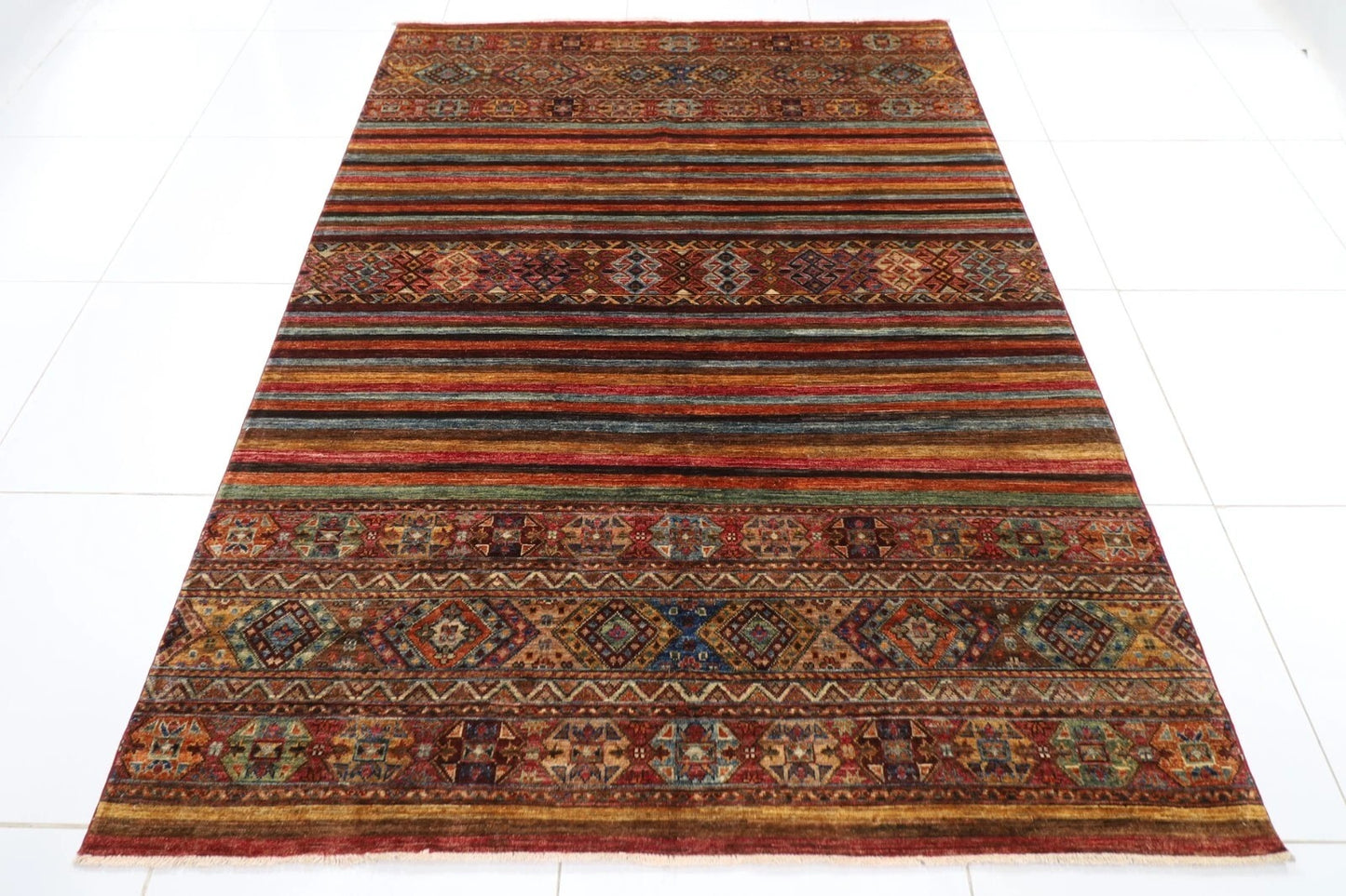 180 x 248 cm | Striped Afghan Tribal Hand Knotted Veg Dye Wool Carpet