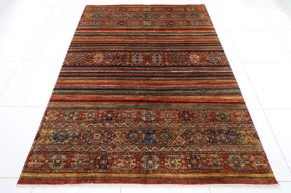 180 x 248 cm | Striped Afghan Tribal Hand Knotted Veg Dye Wool Carpet