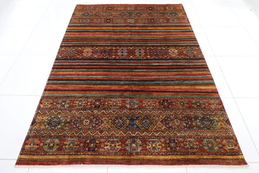 180 x 248 cm | Striped Afghan Tribal Hand Knotted Veg Dye Wool Carpet