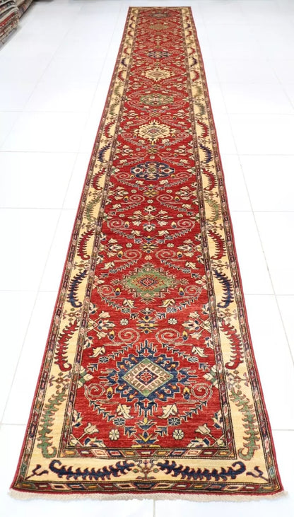 97 x 583 cm | Kazak Red Afghan Tribal Hand Knotted Wool Runner