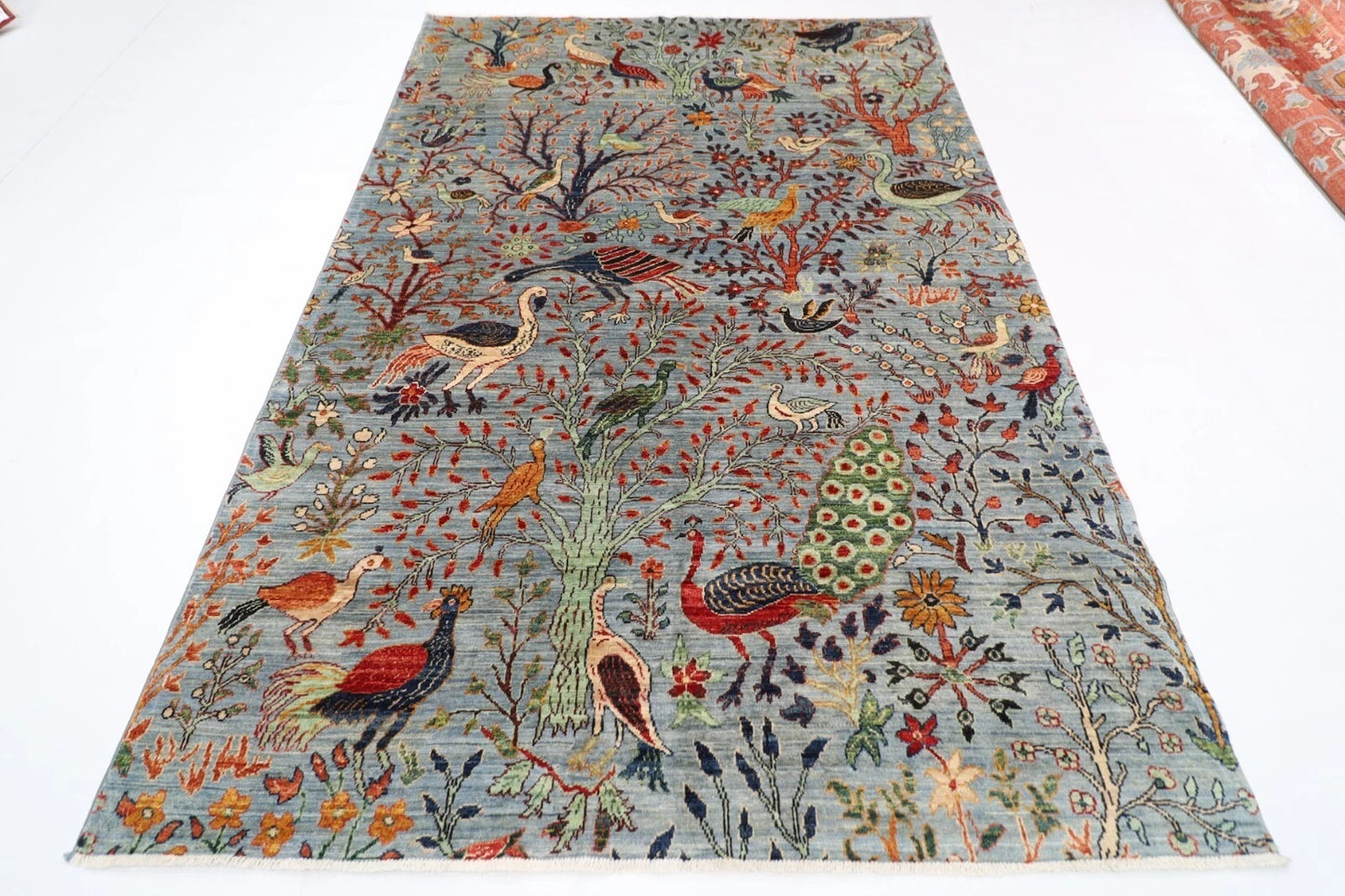 188 x 266 cm |  Birds Gray Afghan Tribal Hand Knotted Veg Dye Wool carpet