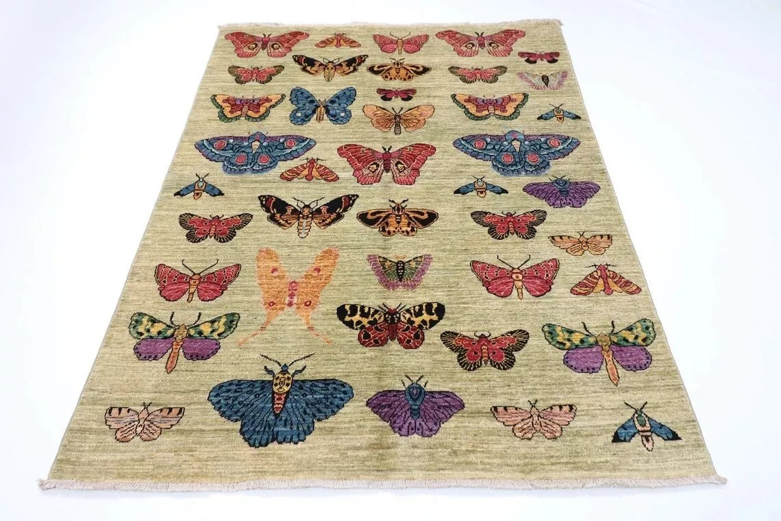 149 x 199 cm | Butterflies Afghan Tribal Hand Knotted Veg Dye Wool Carpet