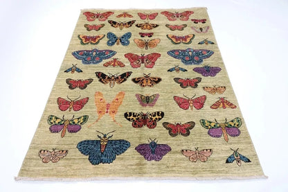 149 x 199 cm | Butterflies Afghan Tribal Hand Knotted Veg Dye Wool Carpet