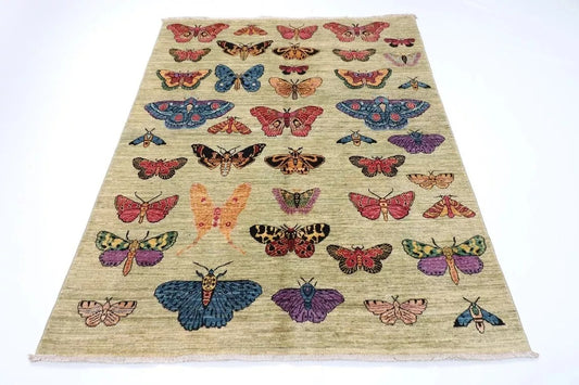 149 x 199 cm | Butterflies Afghan Tribal Hand Knotted Veg Dye Wool Carpet