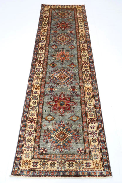 82 x 268 cm | Blueish Grey Kazak Afghan Tribal Hand Knotted Wool Runner