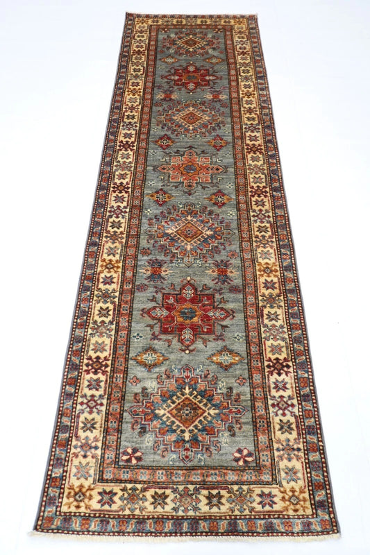 82 x 268 cm | Blueish Grey Kazak Afghan Tribal Hand Knotted Wool Runner
