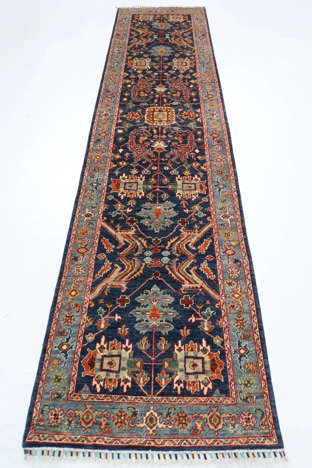 92 x 353 cm | Navy Afghan Tribal Hand Knotted Wool Runner