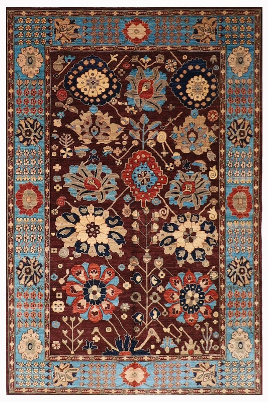 182 x 275 cm | Floral Brown Afghan Tribal Hand Knotted Veg Dye Wool Carpet
