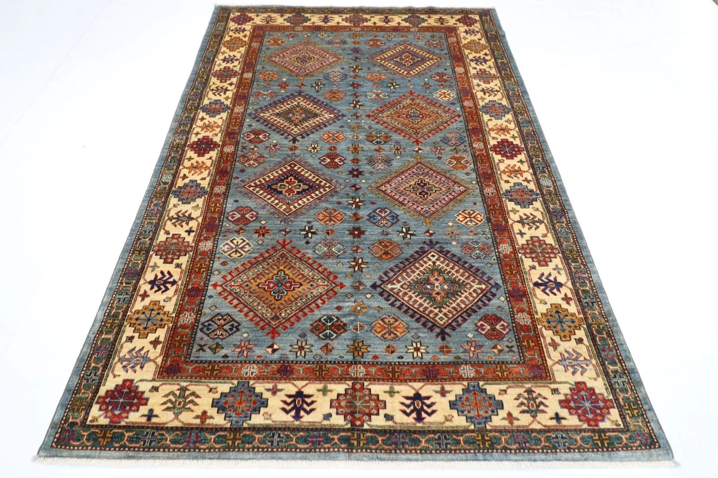 168 x 248 cm | Kazak Afghan Tribal Hand Knotted Veg Dye Wool Carpet