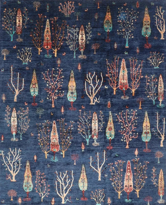246 x 306 cm | Tree Navy Afghan Tribal Hand Knotted Carpet