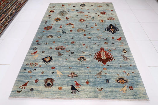190 x 268 cm | Gabbeh Animal Blue Afghan Tribal Hand Knotted Veg Dye Wool Carpet
