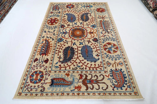184 x 268 cm |  Suzani Beige Afghan Tribal Hand Knotted Veg Dye Wool carpet
