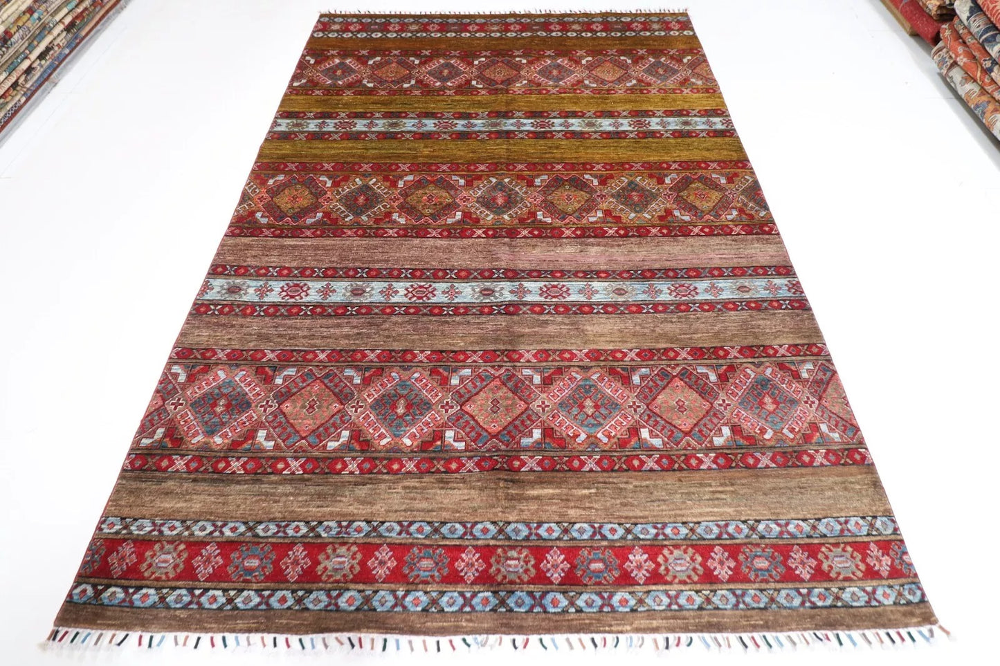 198 x 290 cm | Striped Afghan Tribal Hand Knotted Carpet